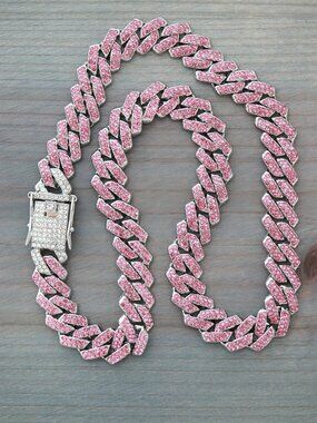 15mm 20inches Cuban Ice Point Curb Diamond Chain Silver with Pink Rhinestones